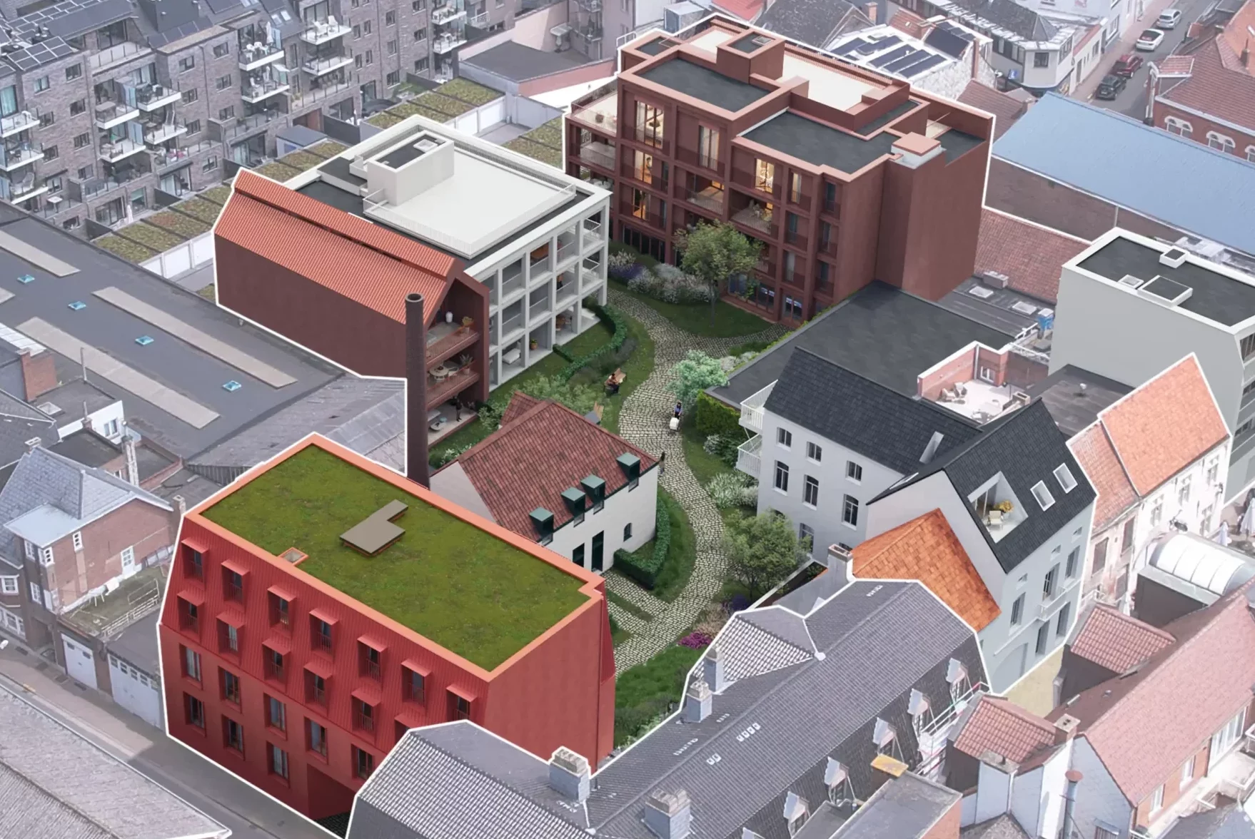 Luchtbeeld van Residentie De Brouwerij met de binnentuin in het centrum van Zottegem
